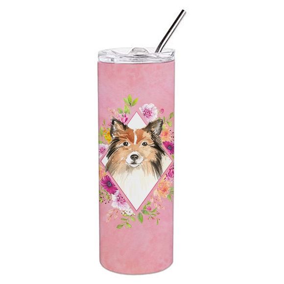 Sheltie Pink Flowers Stainless Steel 20 oz Skinny Tumbler - Picture 1 of 4